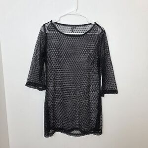 Portocruz Black Open Knit 3/4 Sleeve Gothic Sheer Festival Shirt Size Medium